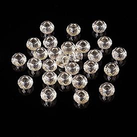 Perles européennes en verre, Perles avec un grand trou   , facette, clair, avec noyau en fer plaqué argent