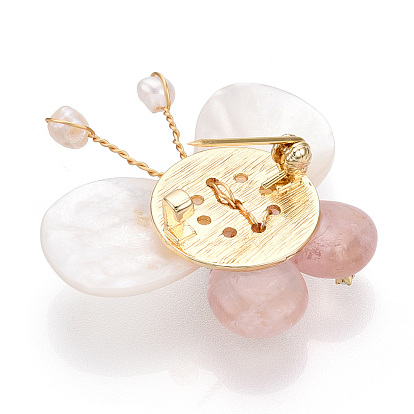 Natural White Shell & Rose Quartz Pave Cubic Zirconia Butterfly Brooches for Women, Brass Pearl Pins