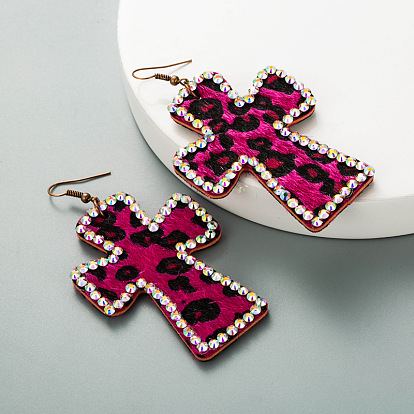 Exaggerated Double-Sided Printed Leopard Earrings with Cross-Shaped Design and Vintage Leather Decoration.