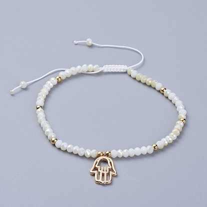 Bracelets de perles tressées en verre galvanoplastie, avec du laiton et du fil de nylon, religion, hamsa main / main de fatima / main de miriam