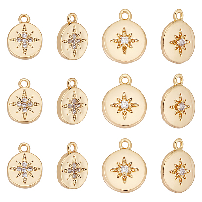 12 шт. 2 стили латунные микро-паве кубические циркониевые подвески, плоские круглые со звездой
