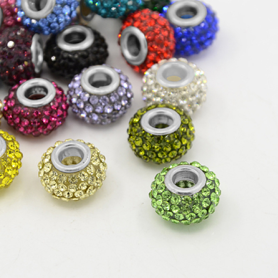 Resin Rhinestone European Beads, Large Hole Beads, Rondelle, Platinum Metal Color, 15x10mm, Hole: 5mm