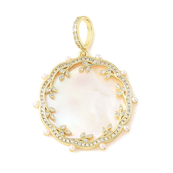 Brass Micro Pave Clear Cubic Zirconia & Natural White Shell Pendants, Wreath Branch Charms, Rack Plating, Long-Lasting Plated, Cadmium Free & Lead Free