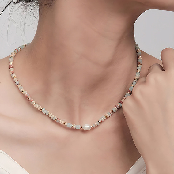 Ожерелья из натурального камня шоушань, натурального пресноводного жемчуга и латунных бусин-ронделей для женщин