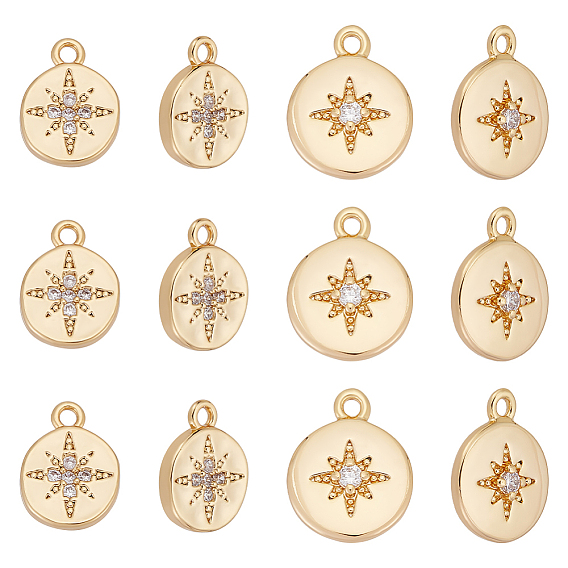 12 шт. 2 стили латунные микро-паве кубические циркониевые подвески, плоские круглые со звездой