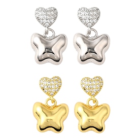 Висячие серьги-гвоздики с сердцем и бабочкой из латуни с микропаве из прозрачных кубических цирконий, без кадмия и без свинца, долговечный, стойки покрытие