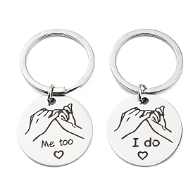Valentine's Day Theme 304 Stainless Steel Flat Round with Word Pendant Keychain, for Car Key Bag Ornament
