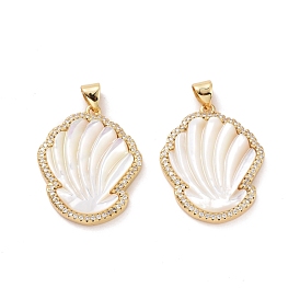 Shell Shaped Brass Micro Pave Clear Cubic Zirconia Pendants, with Natural Shell, Cadmium Free & Lead Free