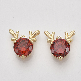 Brass Cubic Zirconia Charms, Christmas Reindeer/Stag, Red, Nickel Free