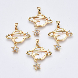 Brass Micro Pave Clear Cubic Zirconia Pendants, with White Sea Shell, Nickel Free, Planet with Star