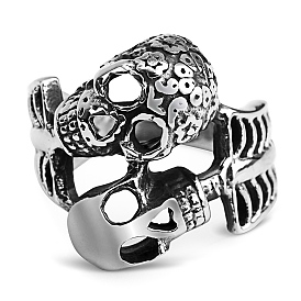 Steam Punk Style 316L Surgical Stainless Steel Skull Finger Rings, Double Skeleton Rings for Men Women