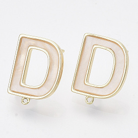 Brass Stud Earring Findings, with Shell and Loop, Nickel Free, Letter D, Creamy White
