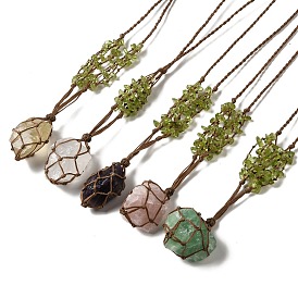 Natural Mixed Gemstone Braided Bead Pendants Necklacess, with Peridot Chips, Wax Rope Pouch Adjustable Necklaces