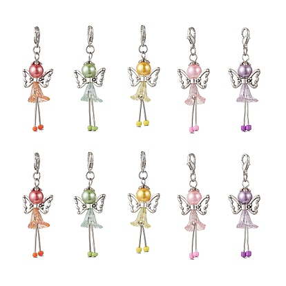 10pcs 5 couleurs trompette fleur ange acrylique et perles de verre pendentif décorations, fermoirs à pinces de homard, breloques pour ornements de sacs