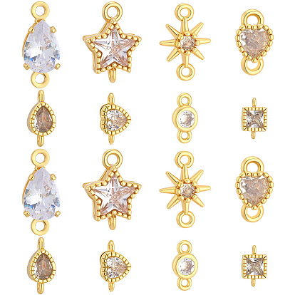 24piezas 8 estilos de dijes de conector de circonita cúbica pavé de latón, formas mixtas, real 18 k chapado en oro