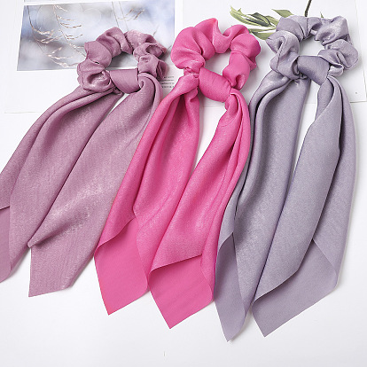Silk Satin Solid Color Hair Scrunchies with Long Tails and Printed Ribbon for Women