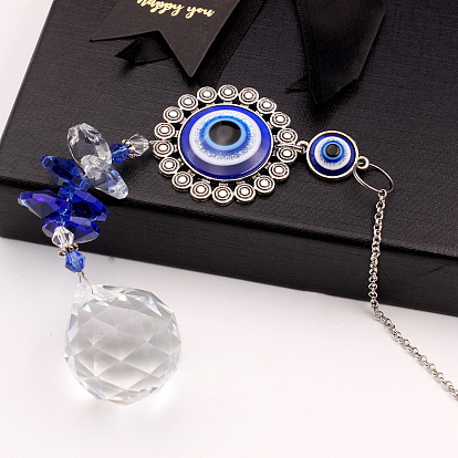 Blue Evil Eye Alloy Pendant Decorations, Hanging Suncatchers, with Galss Ball for Car Rearview Mirror Hanging Decoration