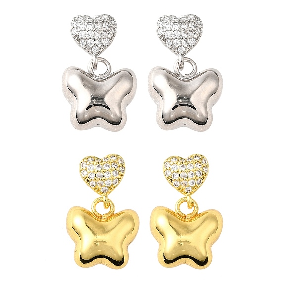 Висячие серьги-гвоздики с сердцем и бабочкой из латуни с микропаве из прозрачных кубических цирконий, без кадмия и без свинца, долговечный, стойки покрытие