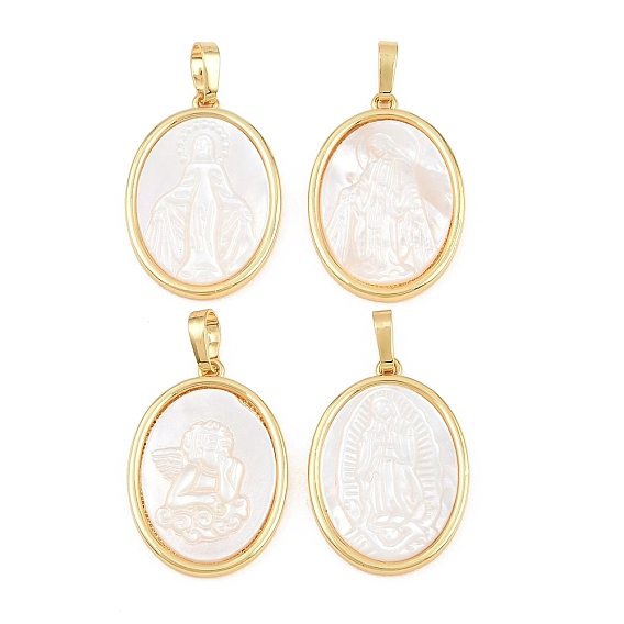 Brass with White Shell Pendants, Oval Charms, Long-Lasting Plated, Lead Free & Cadmium Free, Rack Plating