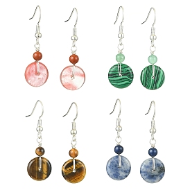 4 Pairs Natural & Synthetic Gemstone Dangle Earrings for Women, Flat Round