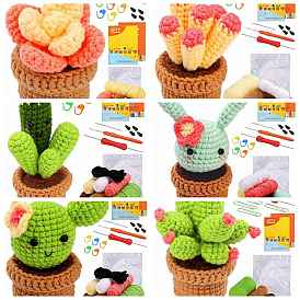 DIY Succulent Planter Display Decoration Crochet Kit, Including Manual Booklet, Wool Yarn, Needle, Fiber Filler, Support Wire, Random Color Crochet Hook & Stitch Marker