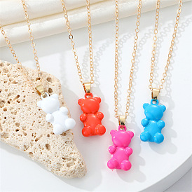 Cute Candy-colored Metal Bear Pendant Necklace for Women Girls