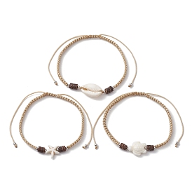 Bracelets de cheville ajustables en fil de nylon tressé, turquoise synthétique teinte et perles de cauris naturelles mélangées, forme mixte