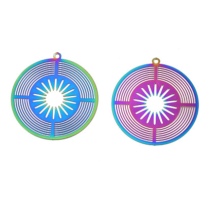 Ion Plating(IP) 201 Stainless Steel Filigree Pendants, Etched Metal Embellishments, Flat Round
