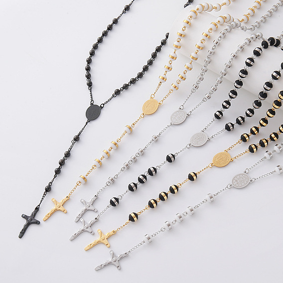 Vintage 304 Stainless Steel Rosary Bead Necklaces, Religion Cross Virgin Pendant Necklaces for Women