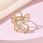 304 Stainless Steel Micro Pave Cubic Zirconia Cuff Open Rings, Flower