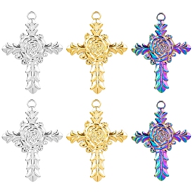 304 Stainless Steel Pendants, Cross with Rose Charm