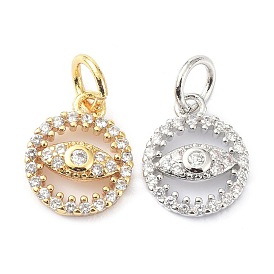 Brass Cubic Zirconia Charms, with Jump Ring, Long-Lasting Plated, Lead Free & Cadmium Free, Flat Round with Eye Pattern