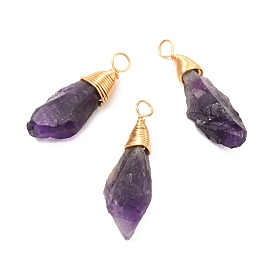 Natural Amethyst Pendants, with Real 18K Gold Plated Eco-Friendly Copper Wire, Nuggets