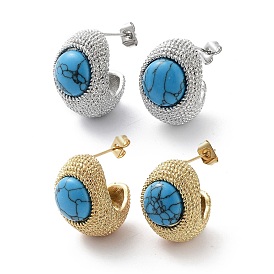 304 Stainless Steel Stud Earrings, Half Hoop Earrings with Synthetic Turquoise