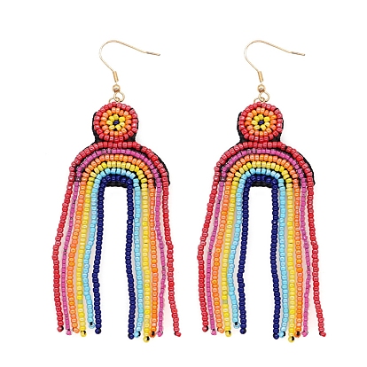 Glass Beaded Dangle Earrings, Pride Rainbow Flag Tassel Earrings