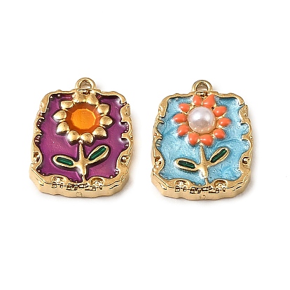 304 Stainless Steel Enamel Pendants, Rectangle with Flower Pattern Charms, with ABS Imitation Pearl Beads, Real 18K Gold Plated, Ion Plating(IP)