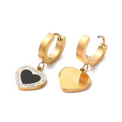 Black Acrylic Heart Dangle Earrings with Rhinestone, Ion Plating(IP) 304 Stainless Steel Jewelry