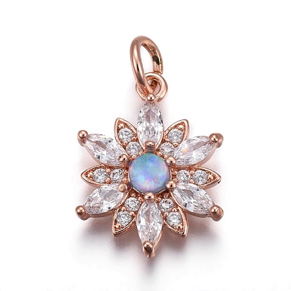 Brass Micro Pave Cubic Zirconia Pendants, with Synthetic Opal, Flower