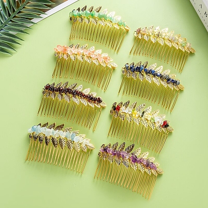 Leaf Natural & Synthetic Gemstone Chips Hair Combs, with Iron Combs, Hair Accessories for Women Girls