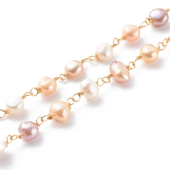 Handmade Cultured Freshwater Pearl Beaded Chains, with Copper Wire, Soldered