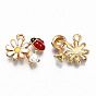 Alloy Enamel Pendants, Cadmium Free & Lead Free, ABS Plastic Imitation Pearl, Flower with Ladybug, Light Gold