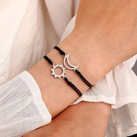 Adjustable Stainless Steel Hollow Out Bracelet Set with Sun Moon Butterfly Weave Couple Bracelets