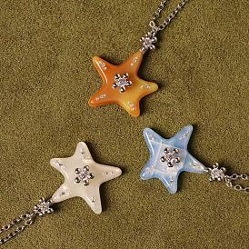 Ocean Alloy Resin Starfish Pendant Cable Chain Necklaces with Crystal Rhinestone for Women, Platinum