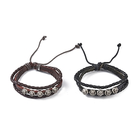 PU Leather & Waxed Cords Triple Layer Multi-strand Bracelets, Braided Adjustable Bracelet Alloy Hexagon Skull