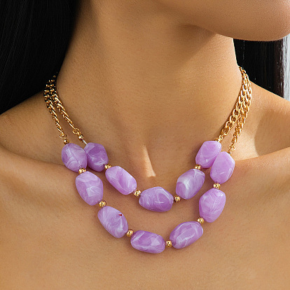 Nuggets Acrylic Beaded Double Layer Necklaces with Alloy Twisted Chains, Golden