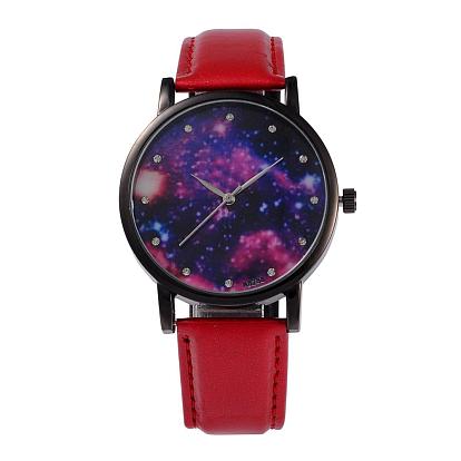 Women's Alloy PU Leather Quartz Wristwatches, with Rhinestones, 
Gunmetal Plated, 240x18mm, Watch Head: 39.5x10.5, Watch Face: 35mm