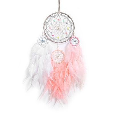 Red/telaraña tejida con anillo de hierro en forma de corazón para niña, decoración para colgar en la pared con plumas, con cuentas de tela y plástico, para la oficina en el hogar adorno de amuleto