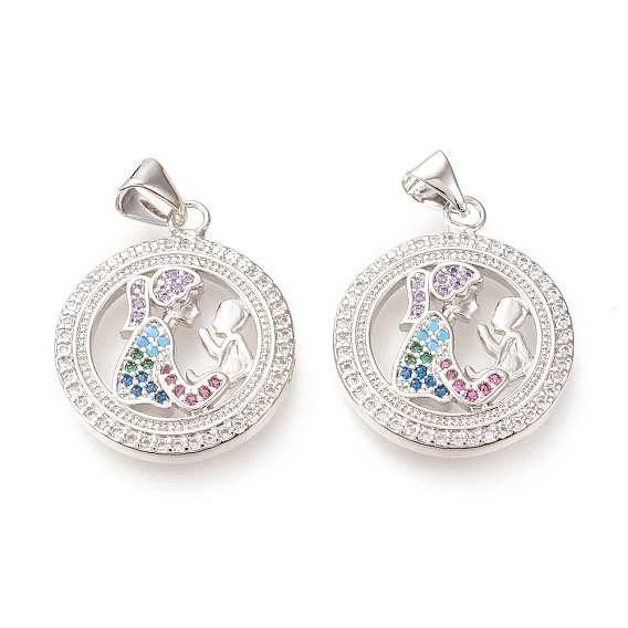 Латунные микропаве прозрачные подвески с фианитом, День матери, долговечный, плоские круглые с человека, красочный