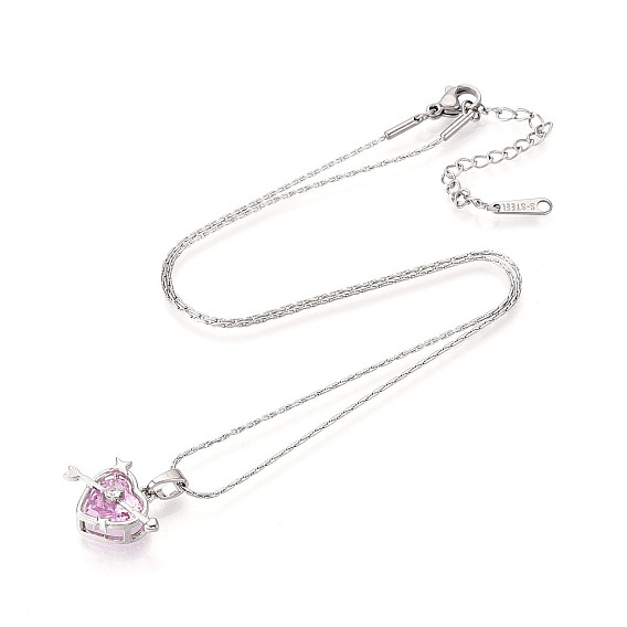 Латунный кулон в форме сердца с кубическим цирконием и стрелой 304 цепочки из нержавеющей стали, цвет нержавеющей стали