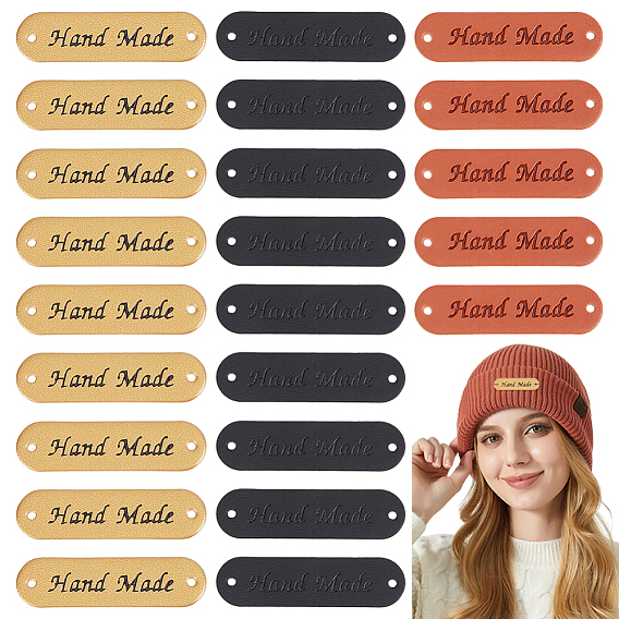 60 шт 3 цвета pu кожаные этикетки, бирка с тиснением ручной работы, с отверстиями, для джинсов своими руками, , обуви, аксессуары для шляп, овал со словом ручной работы
